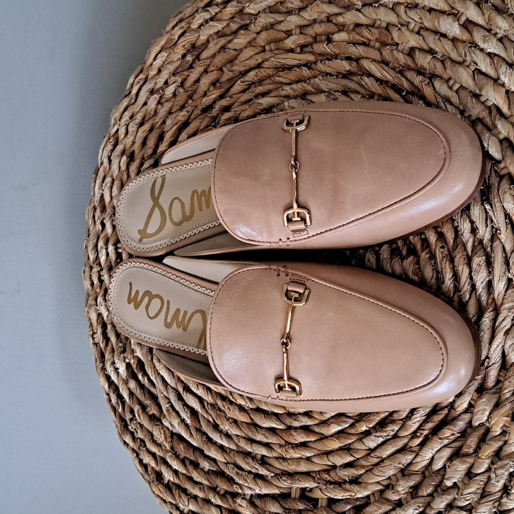 Sam Edelman Womens Linnie Sand Tan Leather Mules Gold Metal Cross Bit S-7 - Picture 4 of 9